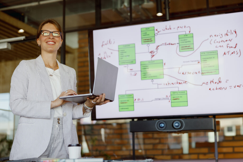 A confident woman is skillfully presenting complex data visually on a screen in a modern office setting