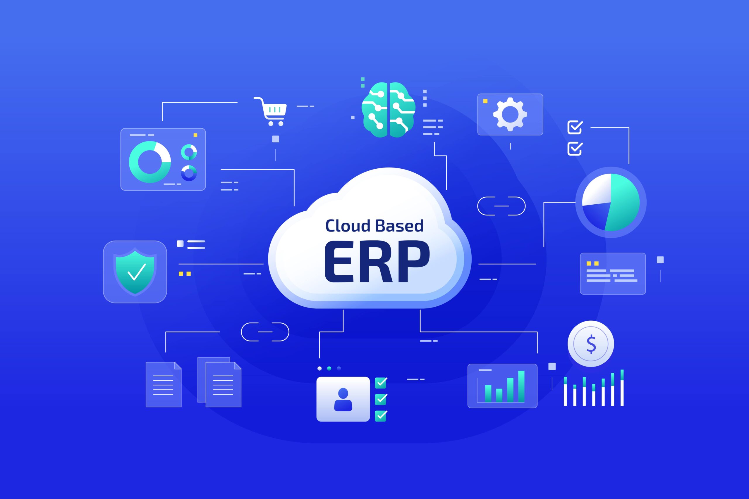 Illustration of a cloud labeled 'Cloud Based ERP